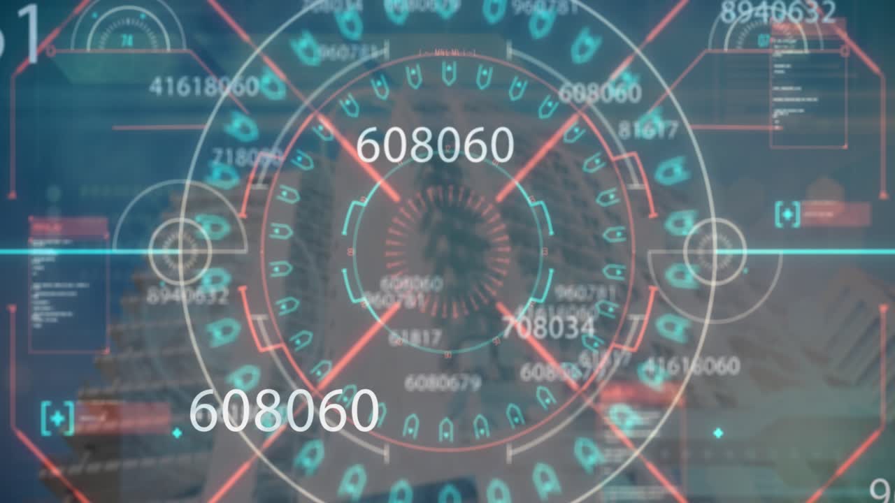 Animación de procesamiento de datos sobre un edificio moderno.