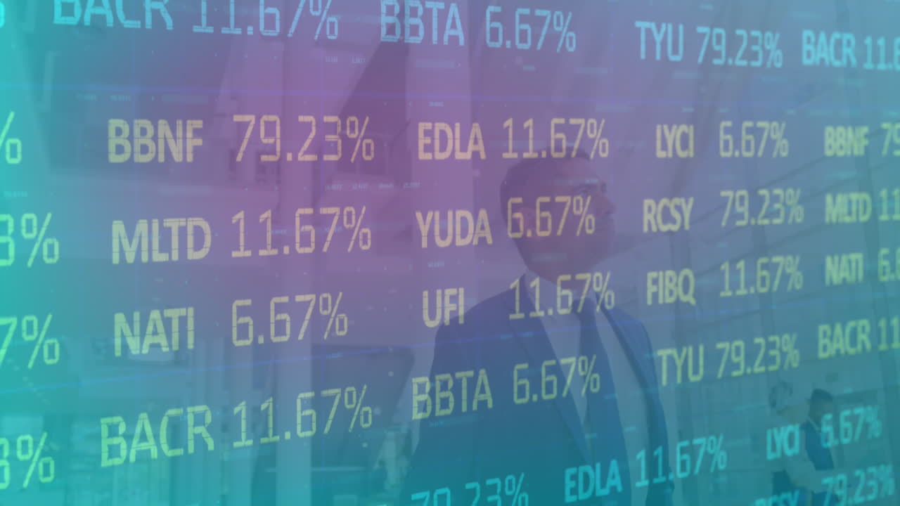 Animation of trading board over caucasian businessman walking in business park