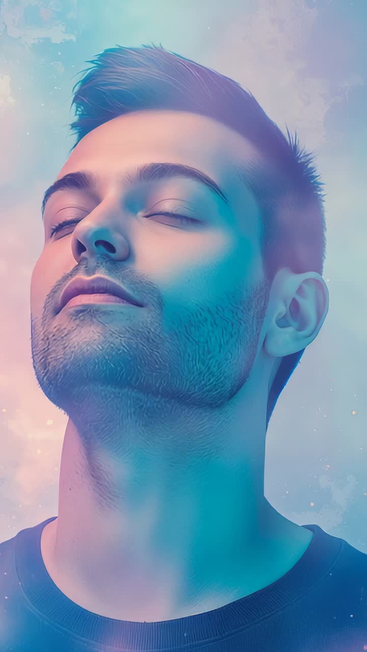 Vertical video: Shifting pastel lights guiding man tilting head up in studio, highlighting jawline