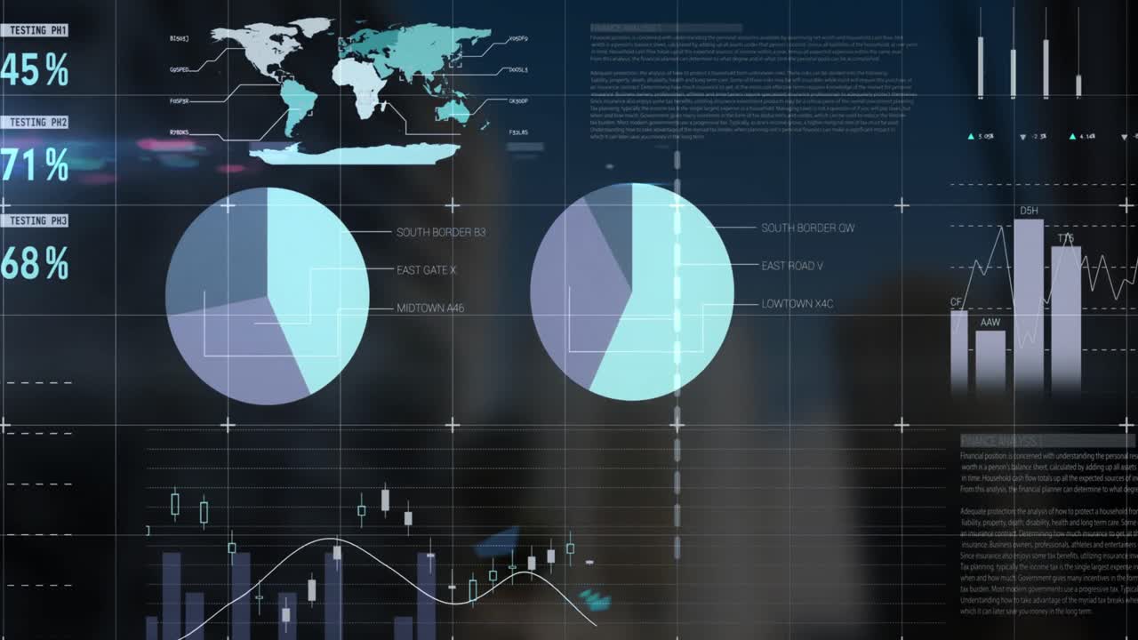 Animation of statistical data processing over grid network against tall buildings