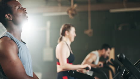 People,-diversity-and-cycling-on-bicycle-at-gym