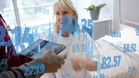 animation of data processing over diverse male doctor with tablet talking with senior female patient