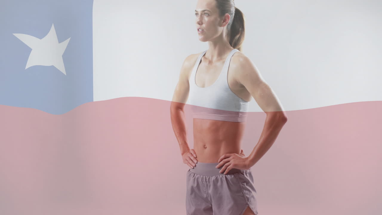 칠레의 발이 백인 여성 운동선수 위에 있는 애니메이션