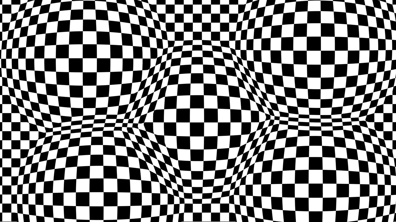 Sorte og hvide firkanter, der bevæger sig fra venstre mod højre med sfærisk forvrængede buler i hjørner og midten. Hypnotisk abstrakt visuel baggrund. Abstrakt animation. 4K.