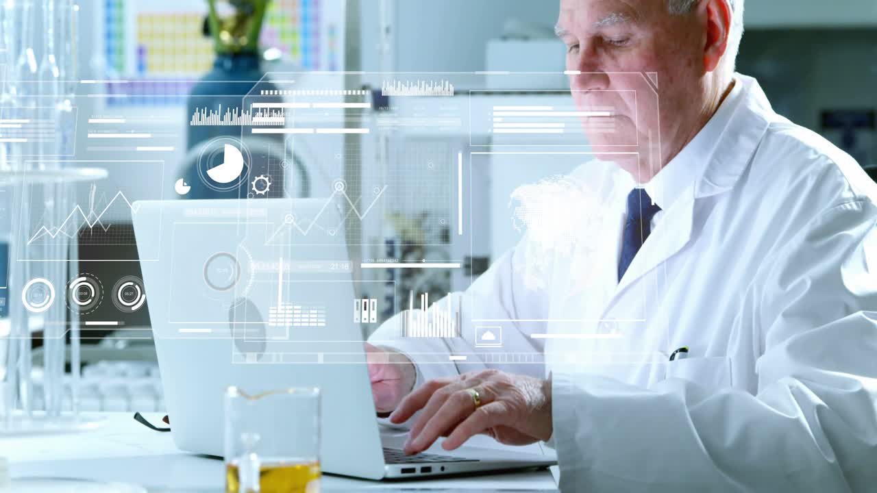 Senior male researcher typing at lab and initiating HUD overlays, analyzing moving charts and globe