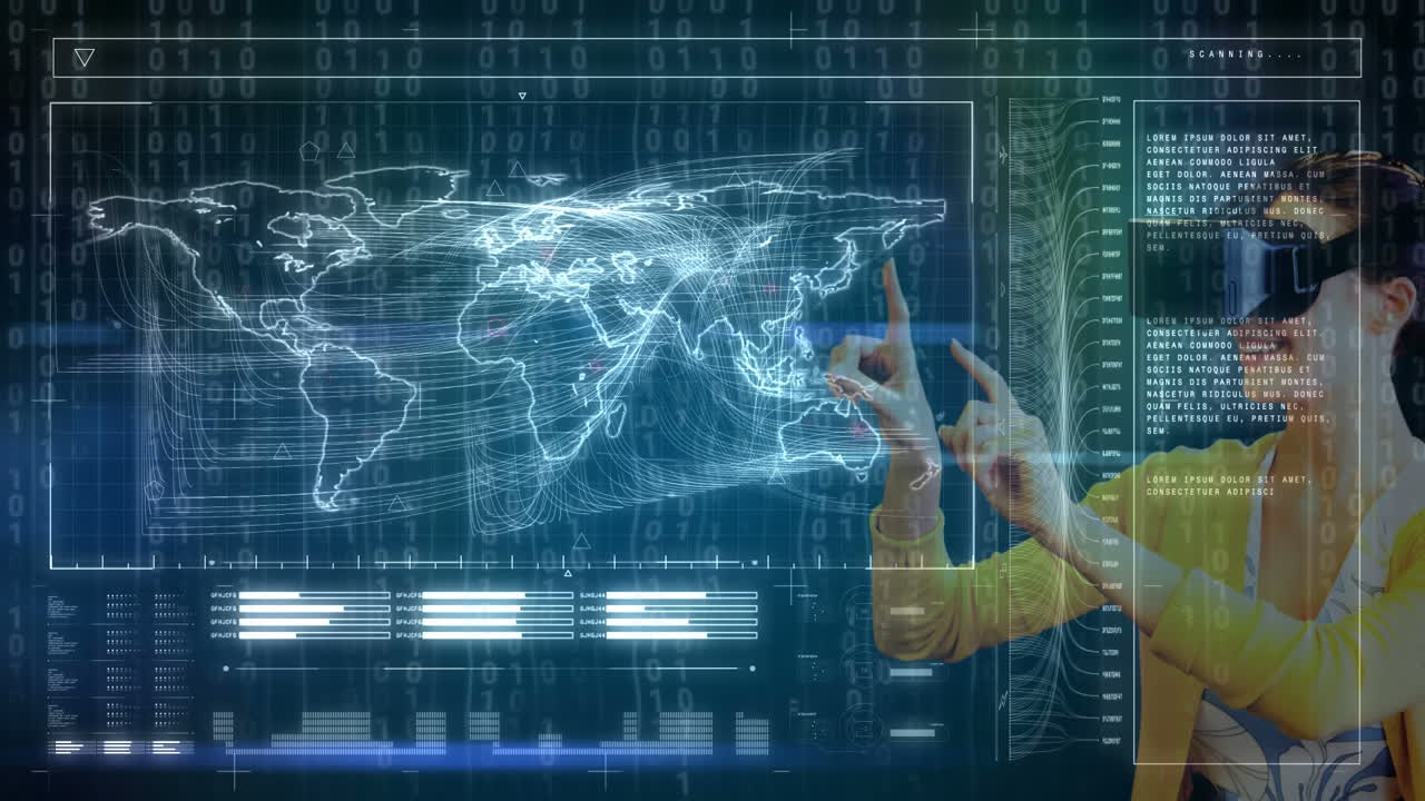 가상 화면을 가리키는 사람, 세계 지도와 이진 코딩 애니메이션과 상호 작용하는 사람