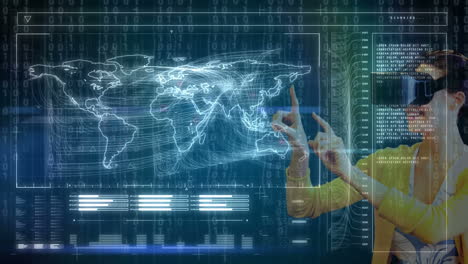 pointing at virtual screen, person interacting with world map and binary coding animation