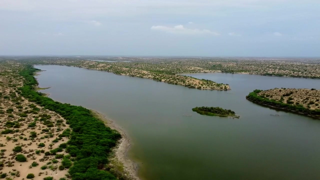 Flygfilm glider över en lugn sjö omgiven av vidsträckta gyllene sanddyner och gles vegetation i Tharöknen i Sindh, Pakistan, under mjukt dagsljus