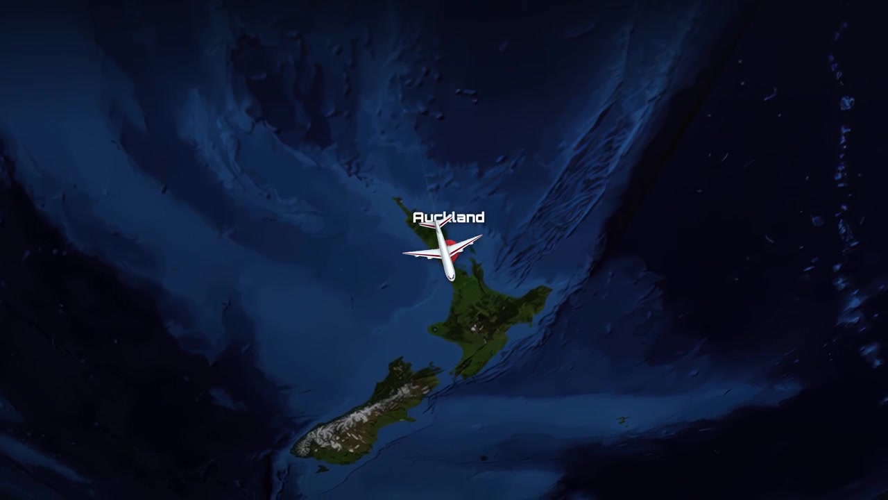 A commercial airplane flies across a 3D globe from London to Auckland with satellite imagery