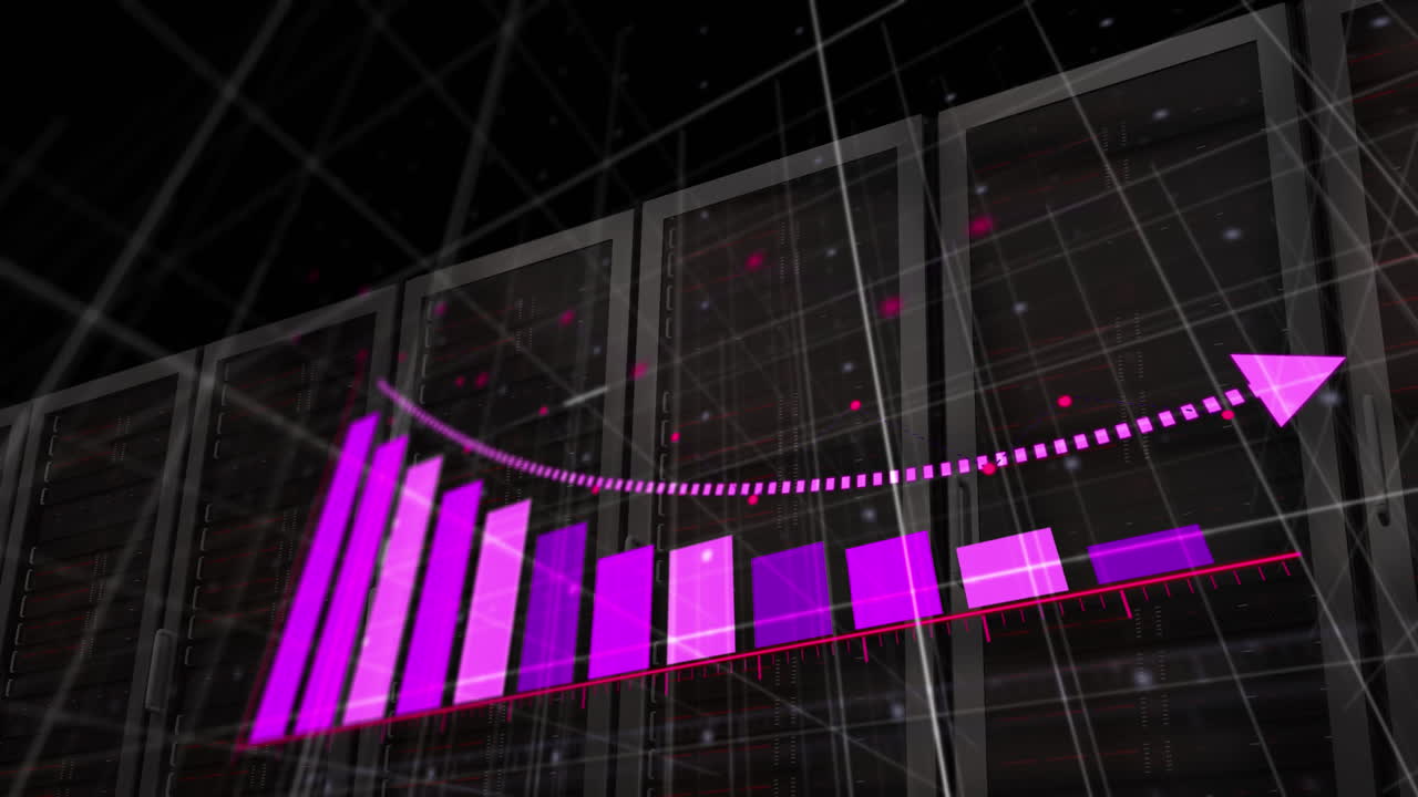 Animation of arrow on graph over grid pattern over server system racks in background