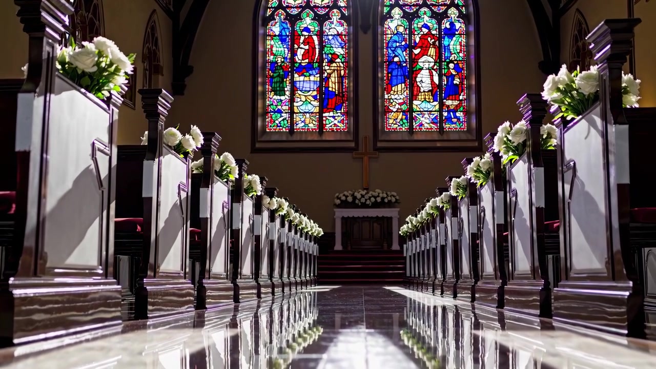 Navata vuota di una chiesa decorata per una cerimonia nuziale