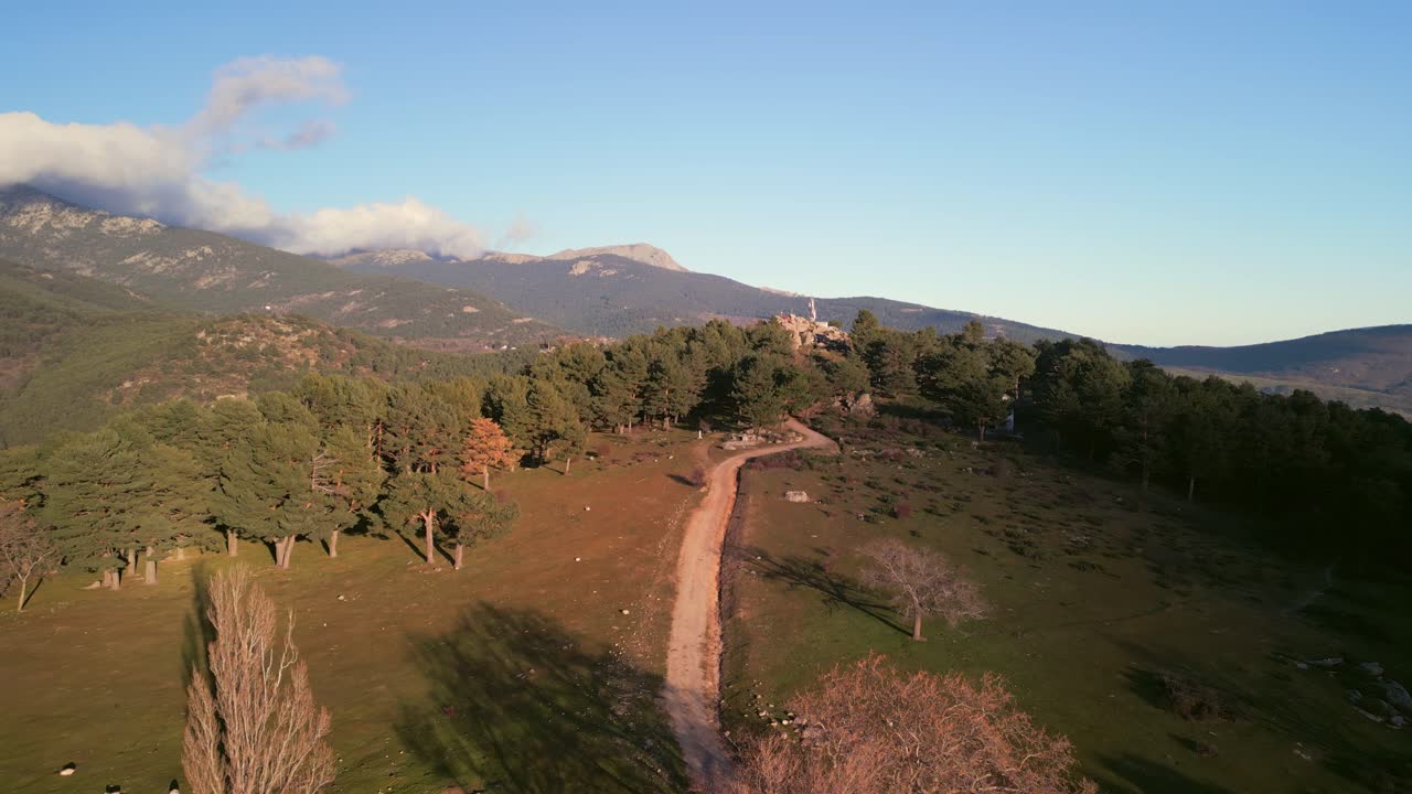 Vista aérea de un camino de tierra sinuoso a través de un paisaje de bosque de montaña