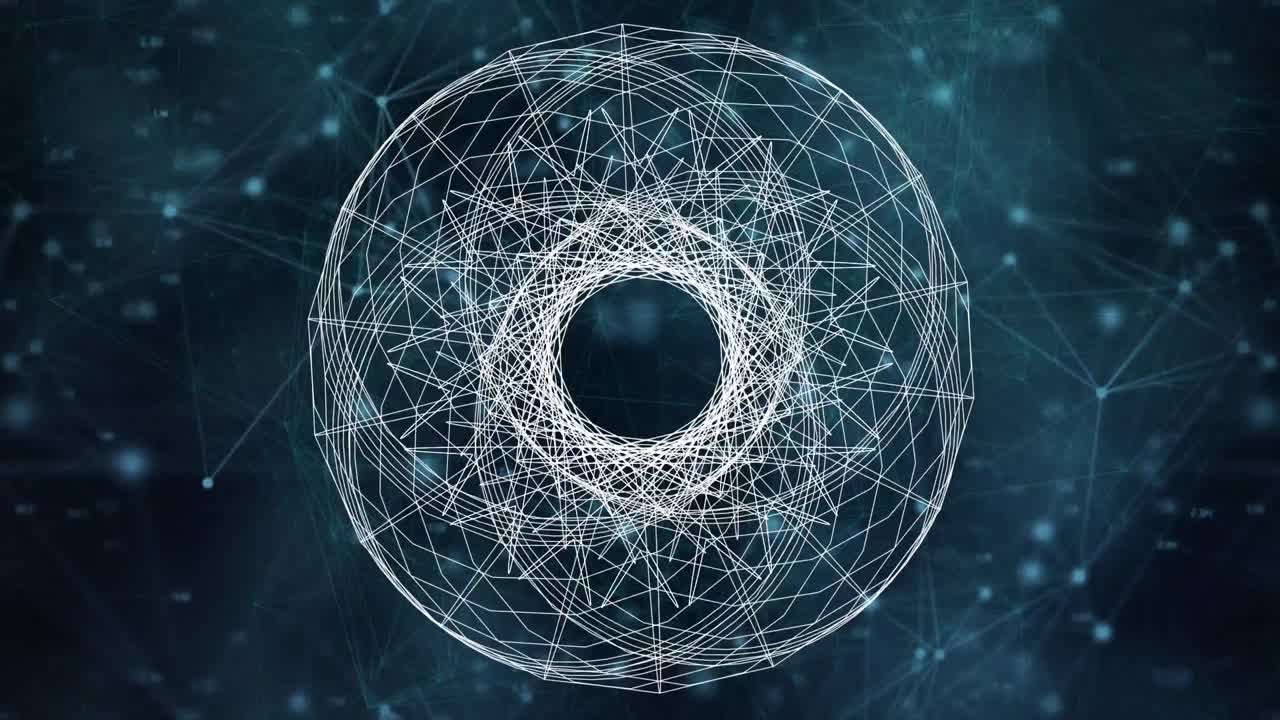 animación de la geometría blanca giratoria, sobre una red de conexiones sobre un fondo negro