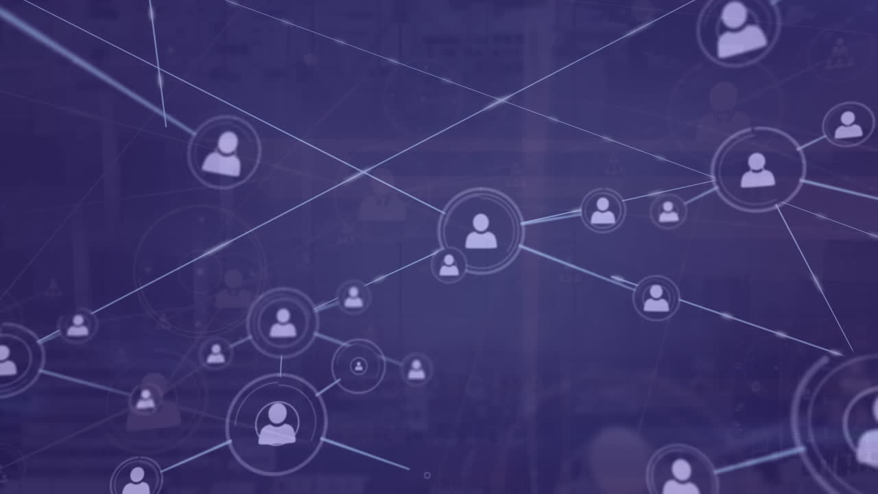 Animation of network of profile icons against blue background