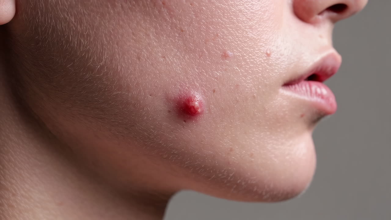 Close-up of a person's face with a severe pimple