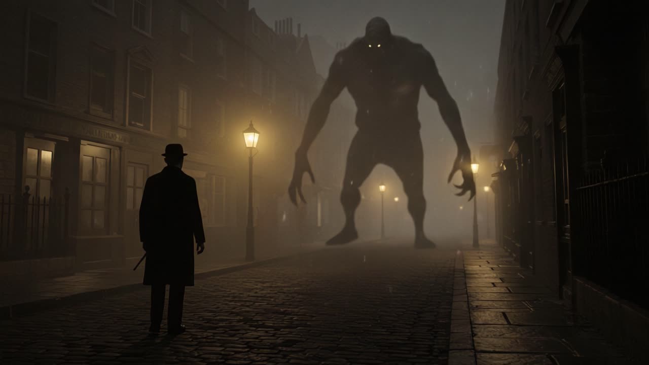 A Haunting Encounter: A Mysterious Figure Stands Before a Colossal Creature in a Foggy Night Street, Evoking Fear and Intrigue in an Eerie Atmosphere