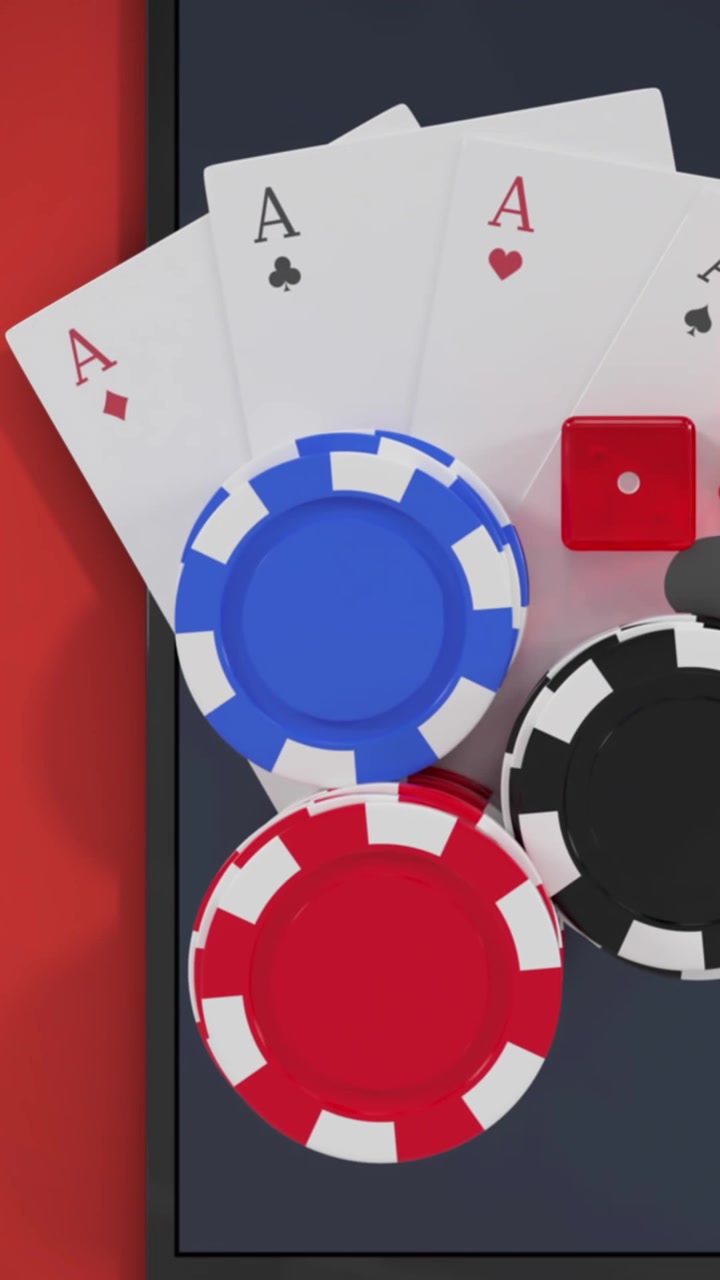 Animazione di fiches da casinò, dadi e carte da gioco su uno smartphone