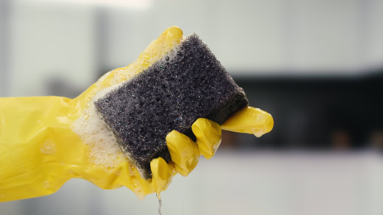 Hand in Yellow Glove Squeezing Soapy Cleaning Sponge