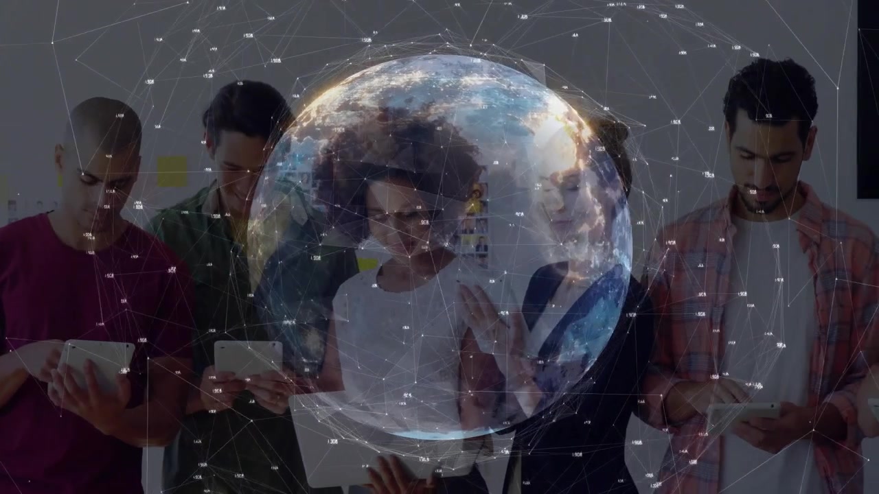 Sei professionisti che toccano schermi, attivando un globo rotante che mostra nodi di rete durante una sessione tecnologica.