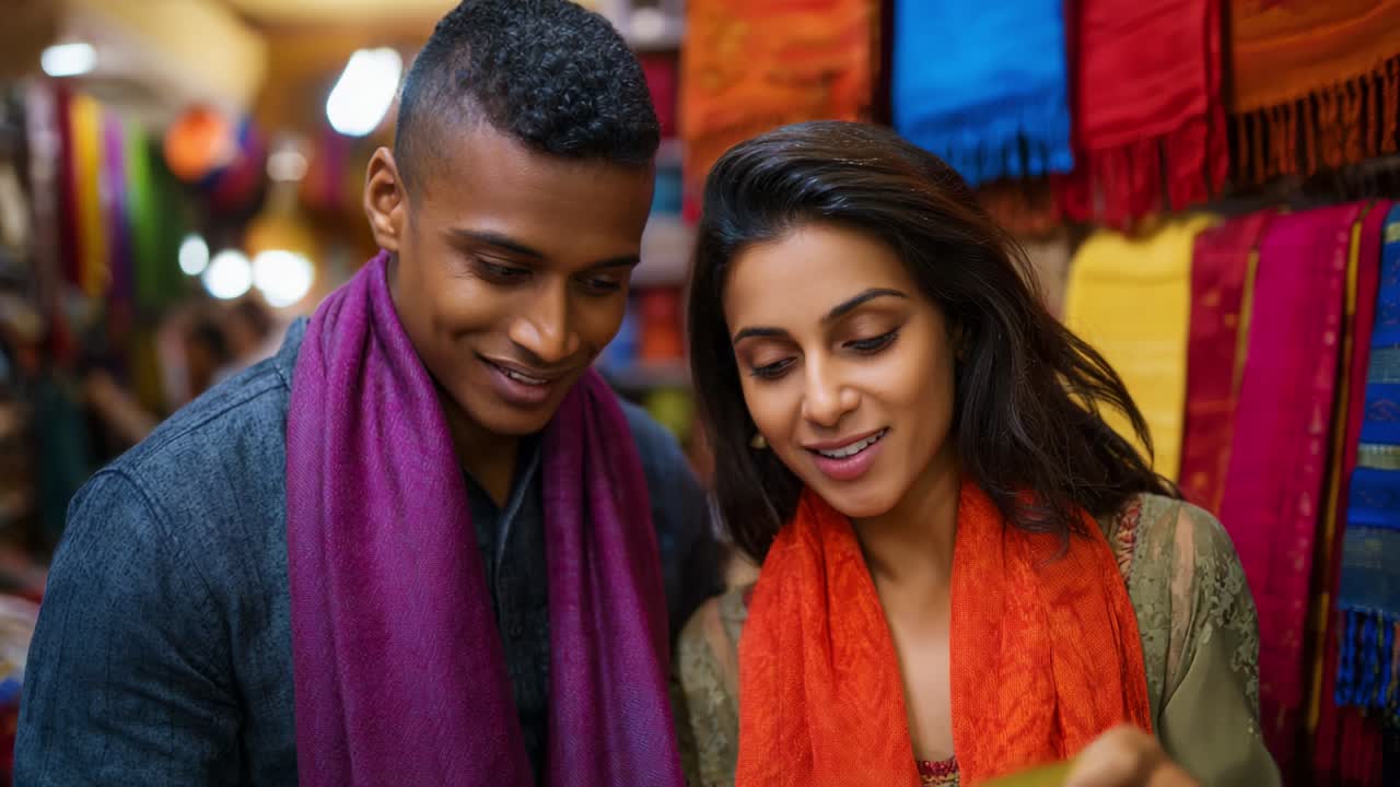 A Romantic Encounter in a Colorful Marketplace: A Couple Deliberately Chooses Vibrant Scarves While Engaged in a Shared Experience, Reflecting Culture and Connection in a Bustling Shopping Environment