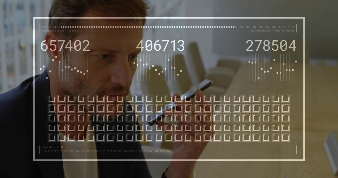 Forretningsmand tager smartphone og ringer i et rum, mens et overlay opdaterer målinger og bølgeformer, der forsvinder.