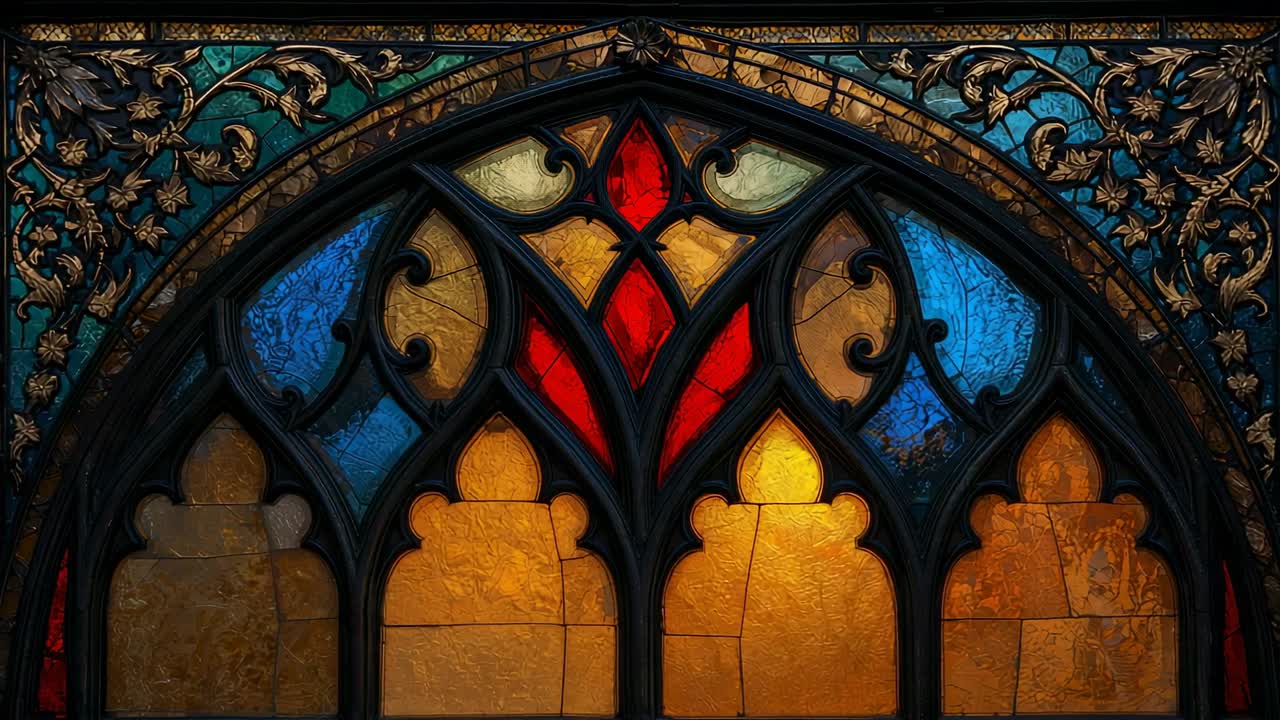 Shifting sunlight playing across ornate arched stained glass window at church, marking time passing