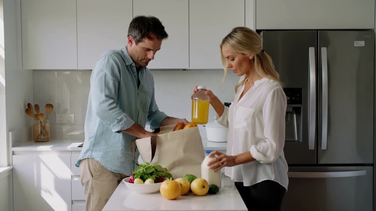 Posizionamento di una borsa riutilizzabile in cucina, una coppia in abbigliamento casual che disimballa latte e succo, sistemando il piano di lavoro.