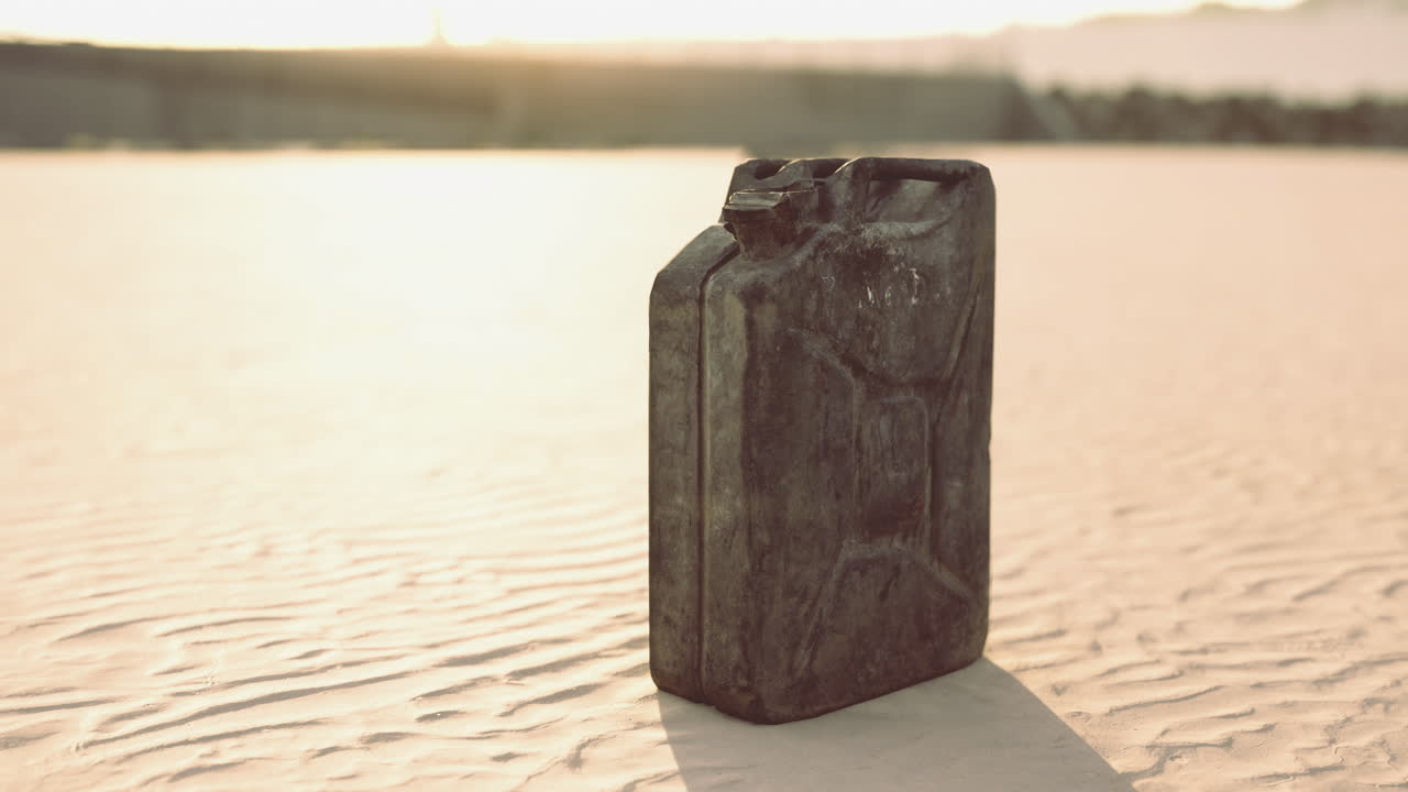 Canister resting on sunlit sandy surface in tranquil outdoor setting