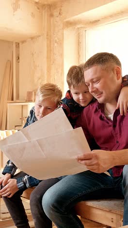 father and two children are enjoying time together, looking at drawings on paper, creating a warm and joyful family atmosphere in a cozy interior space