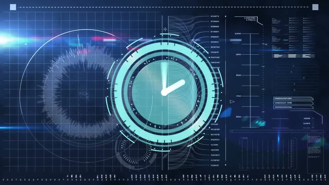 Animation eines Scans mit Uhr über Datenverarbeitung auf schwarzem Hintergrund.