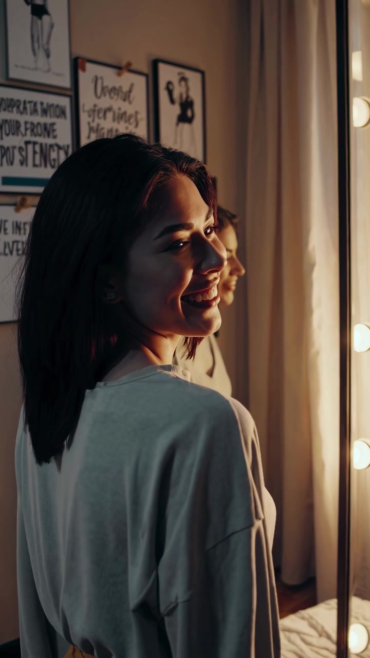 Young Woman Smiling at Her Reflection in a Lighted Vanity Mirror