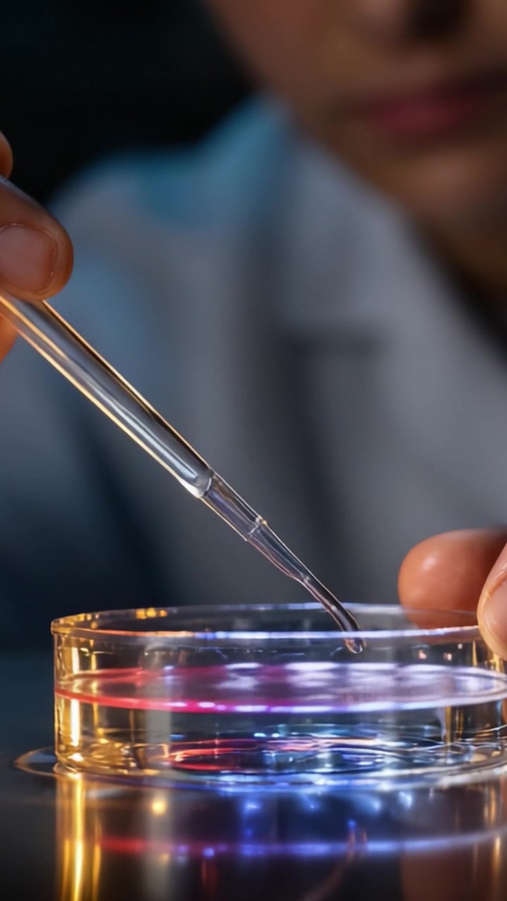 Uno scienziato che conduce esperimenti complessi con una pipetta e una capsula di Petri, mostrando precisione in un ambiente di laboratorio per analisi e osservazione biologica.