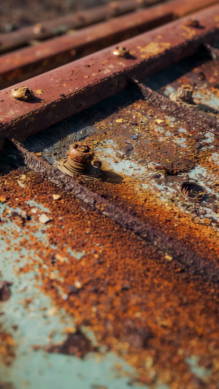 Vertical video: Moving camera revealing rusted ridged panel on roof, showing bolts revealing detail
