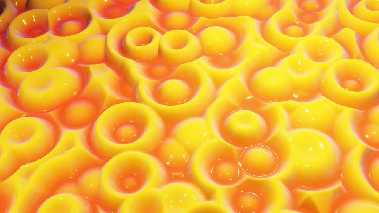 patrón ondulado abstracto en una superficie brillante y brillante, gradiente líquido amarillo rojo, ondas en el fluido de pintura en animación suave, brillos en líquido viscoso 3d.