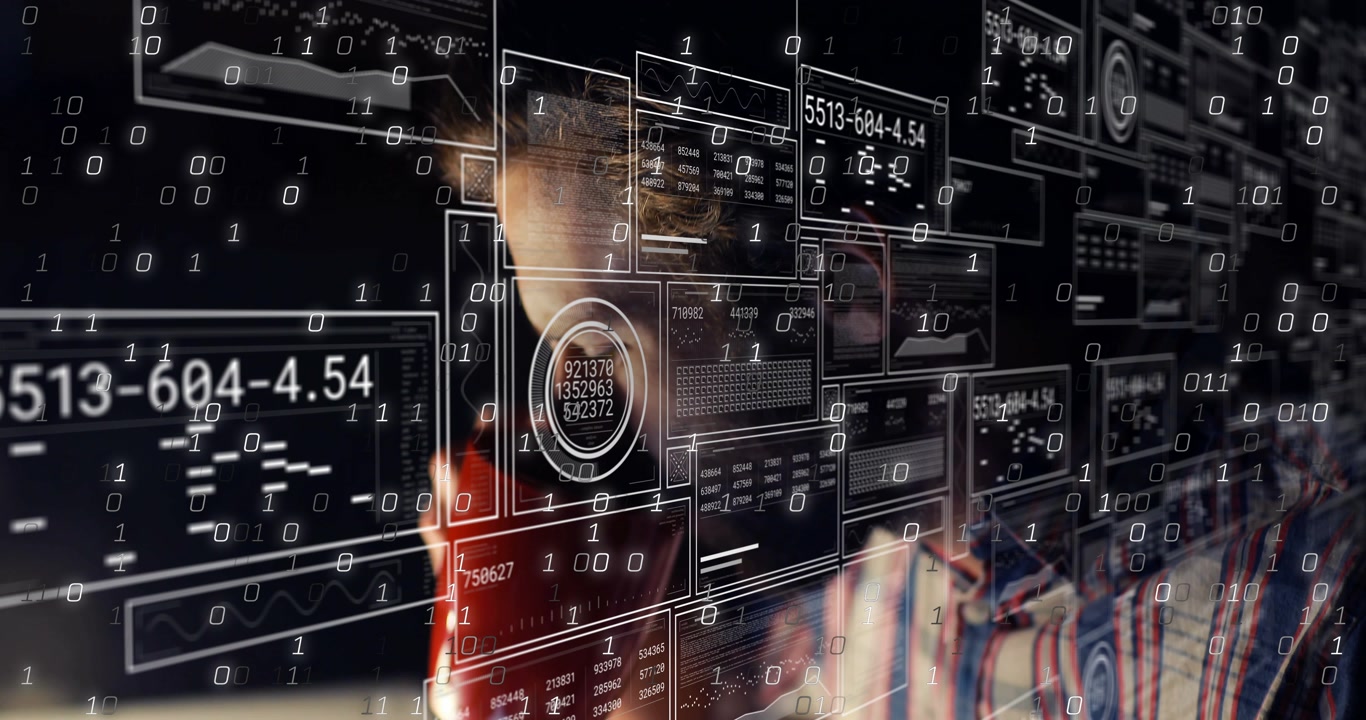 Analyst reaching for red mug and lifting toward mouth, leaning while studying animated HUD data