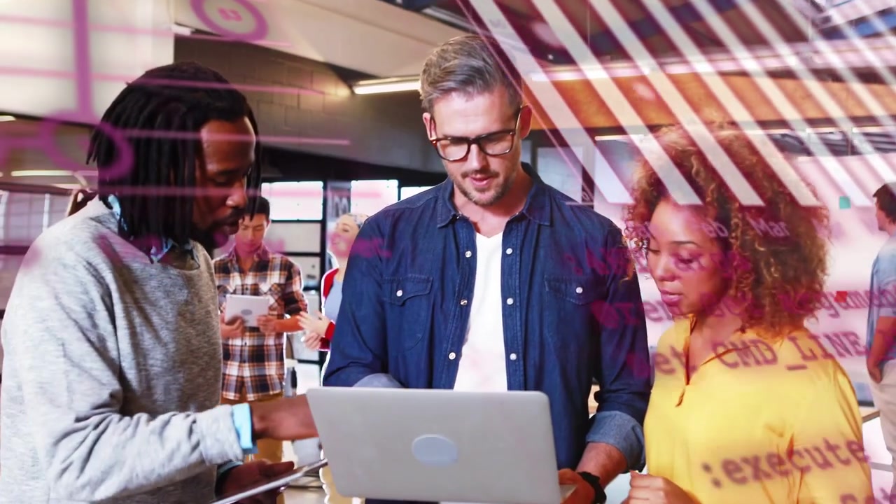 Lead holding laptop, team leaning and reviewing business content, pink overlay drifting across trio
