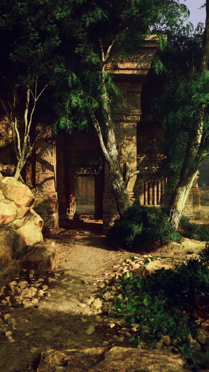 Exploring an ancient ruined structure surrounded by dense greenery and rocks