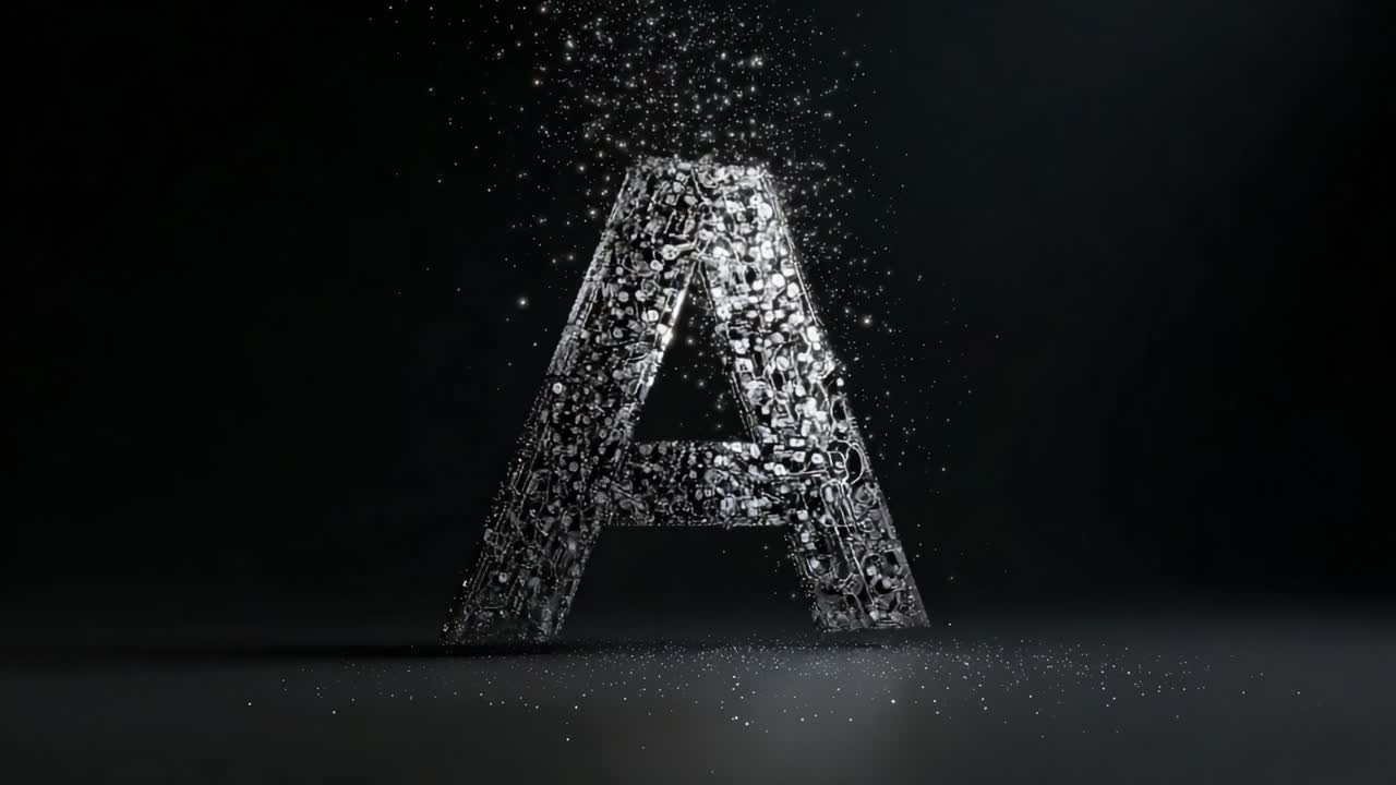 Transformative Visual Journey of the Letter A, Capturing the Essence of Transition from a Sparkling, Textured Form to a Sleek, Solid White Structure Against a Dark Background