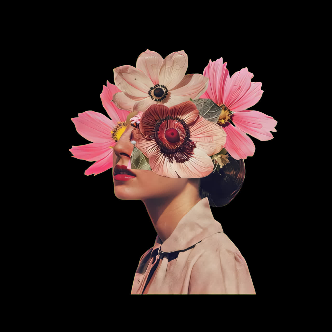 Surreal floral head collage animation isolated asset, transparent 4K video, alpha channel, ProRes