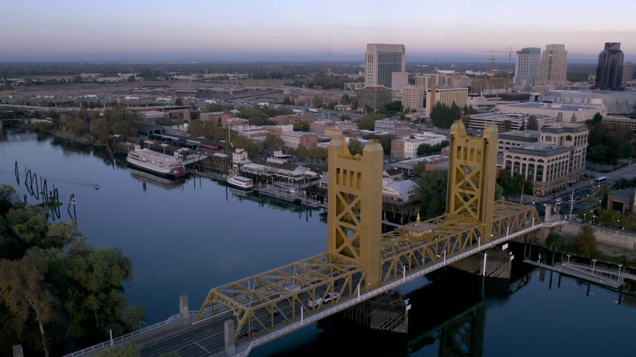 Aerial View of Tower Bridge and Sacramento City Skyline at Dusk