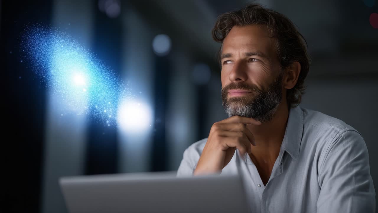 Contemplative man pondering creativity and innovation while immersed in a digital atmosphere, captured in a captivating moment of reflection and inspiration