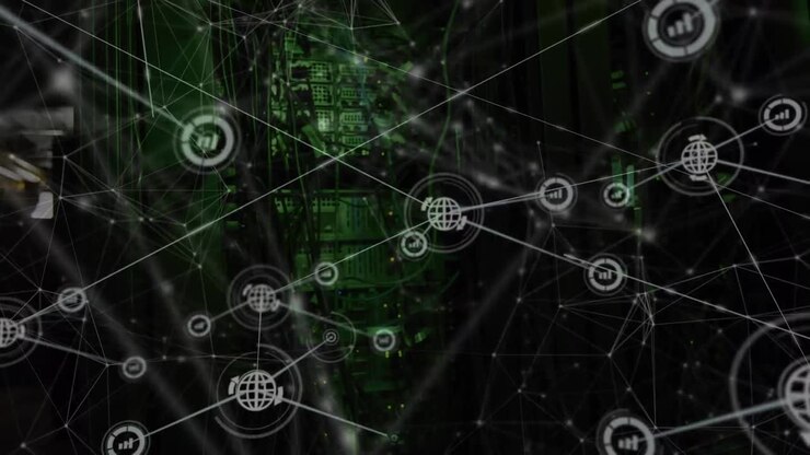 Animation of digital icons and networks of connections over computer servers