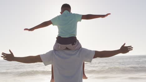 African-american-father-carrying-son-with-arms-wide-on-sunny-beach