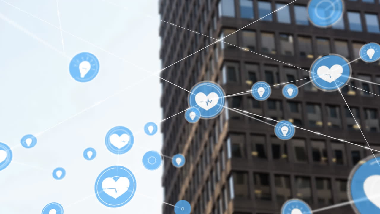 Animação de rede de ícones digitais em fundo de edifícios altos