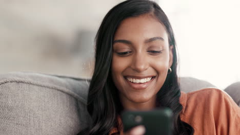 woman, phone and smile for social media on living