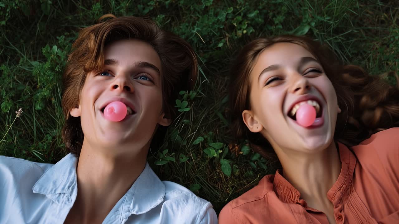 Due adolescenti ridono, soffiando bolle insieme. Sono sdraiati sull'erba, con gli occhi chiusi e le lingue fuori. La scena trasmette spensieratezza e dolcezza. Perfetta per riprese che evocano giovinezza, amicizia o un'atmosfera estiva.