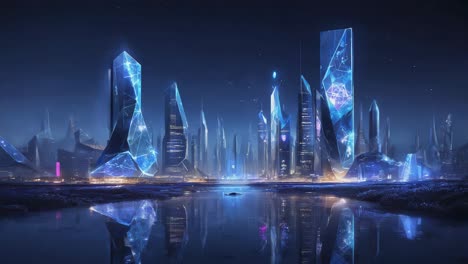 futuristic cityscape with modern architecture and water reflection at night