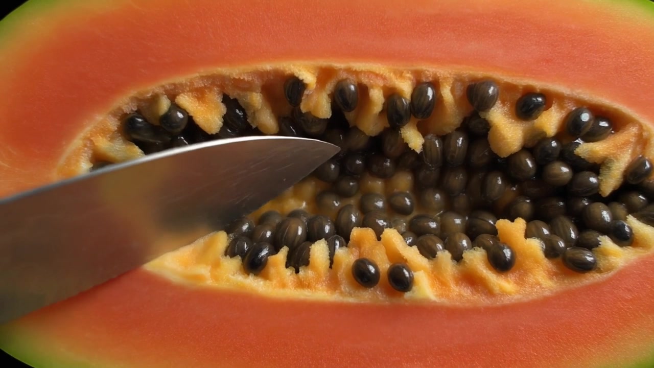 Kokk bruker kniv for å skrape ut frø fra fersk papaya
