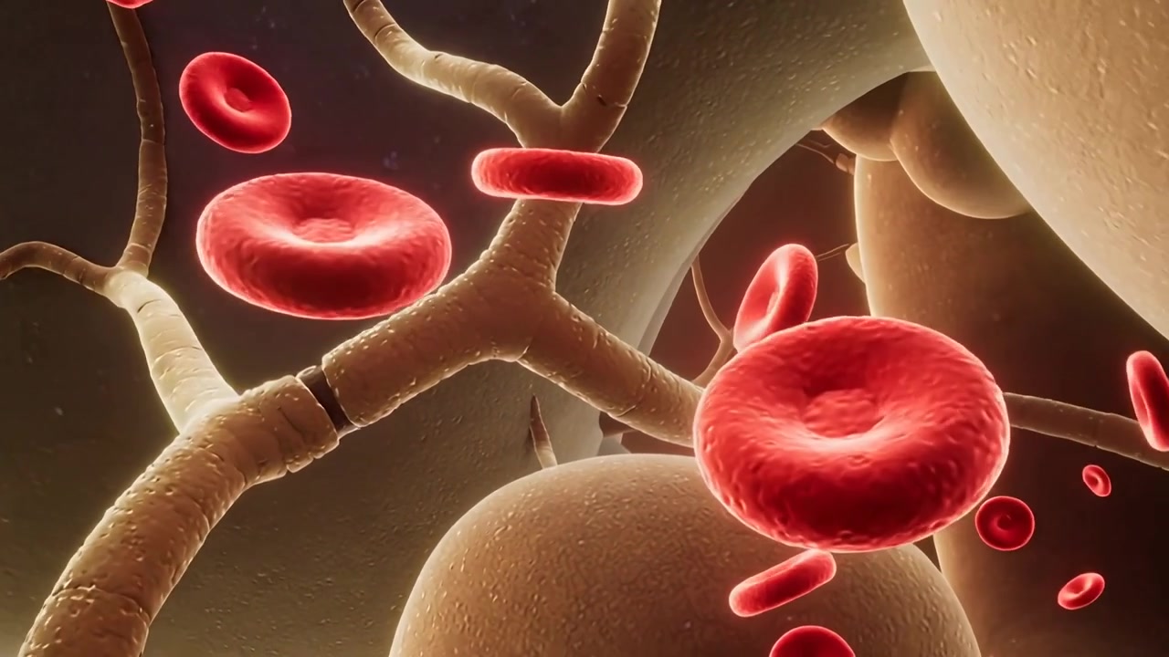 Dolly pulling closer, red blood cells flowing past vessels near fat cells showing circulation