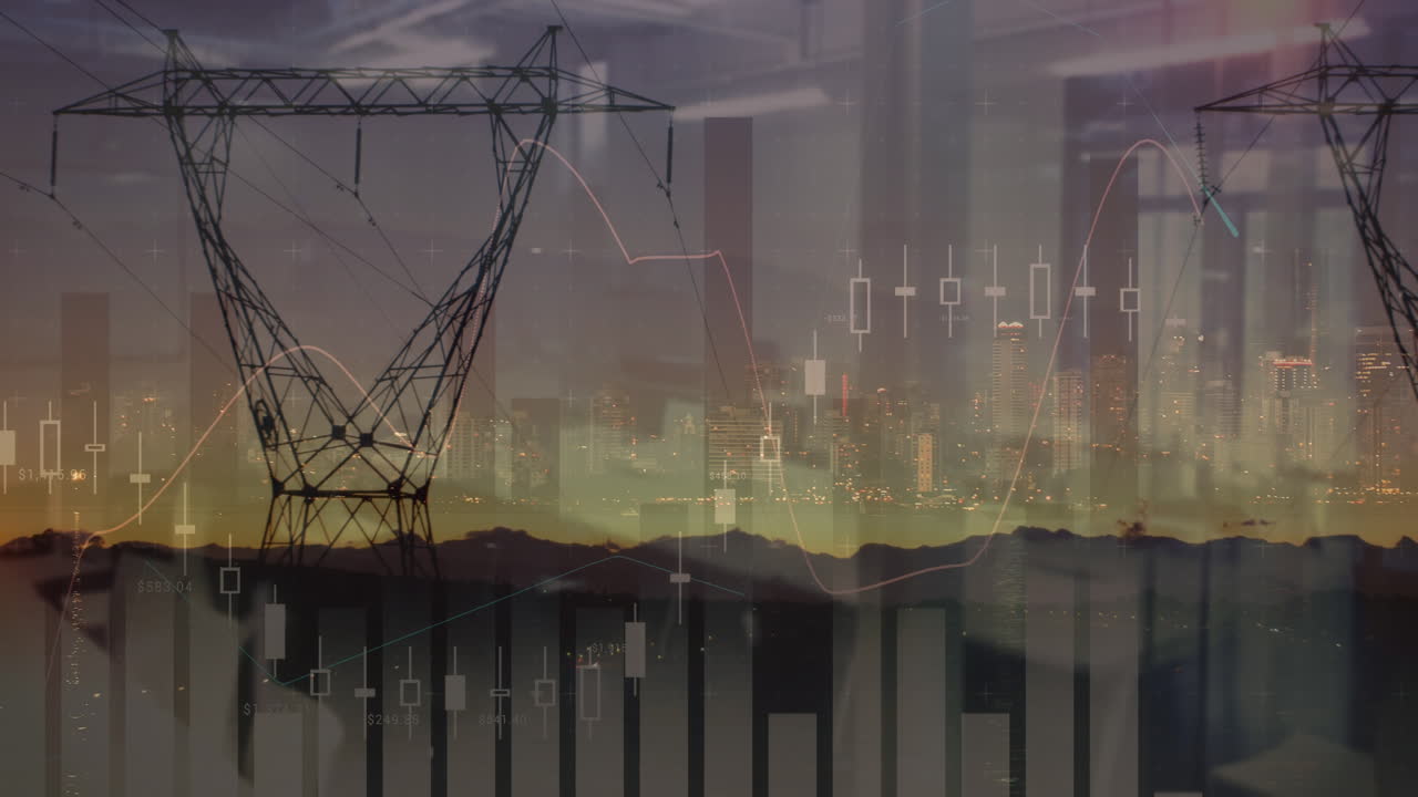 도시 풍경 위의 금융 데이터 처리 애니메이션